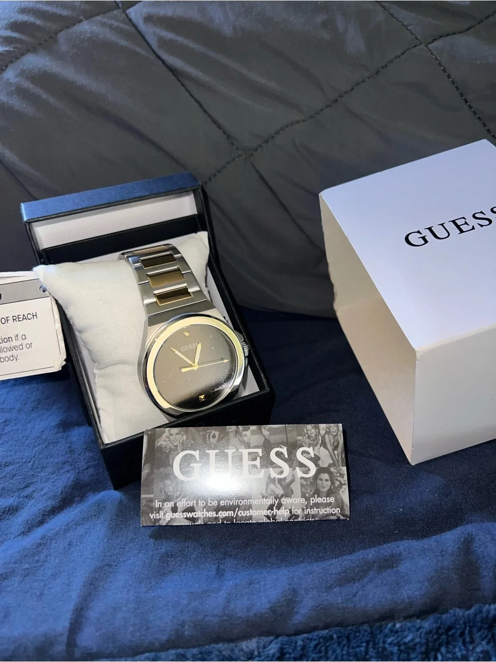 GUESS Men's Two-Tone Silver and Gold Bracelet Watch with Black Dial